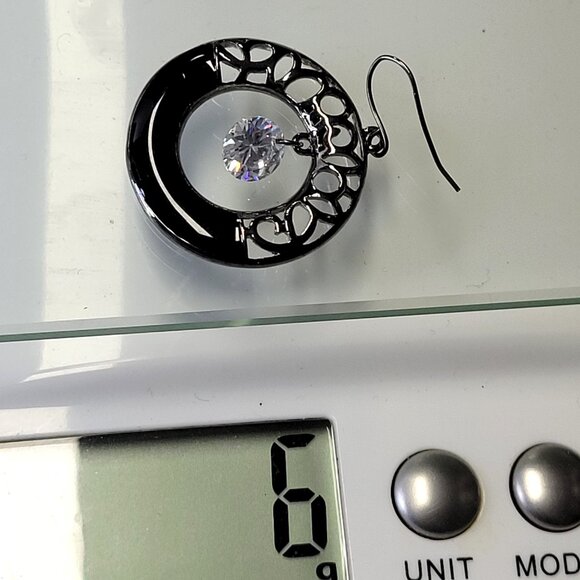 Black Filigree Round Earrings Black and Silver tone Dangle Earrings - Picture 11 of 11